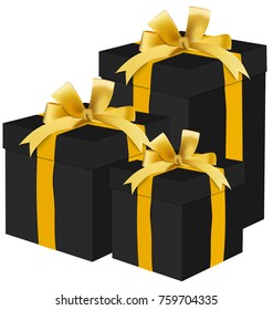 Black gift boxes vector Eps10 with golden ribbon. Isolated black boxes on white background