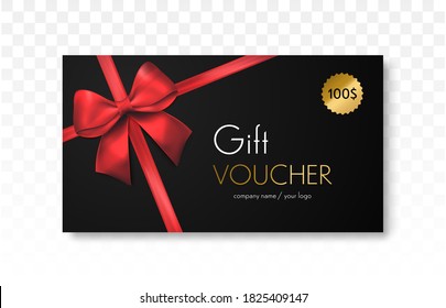 Black Gift card with red ribbon and bow. Vector discount flyer