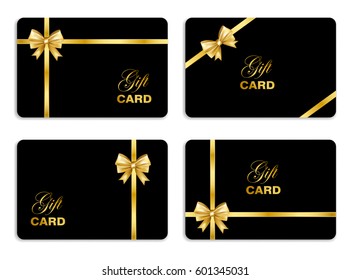 Black gift card set with gold bow. Vector illustration.