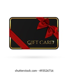 Black gift card template with red ribbon and a bow. Perfect voucher or flyer. Vector illustration.