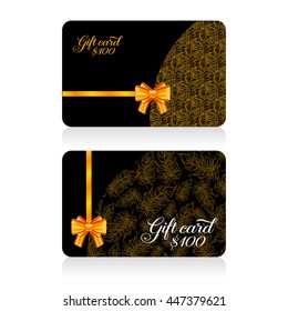 Black gift cards with golden decor feather pattern and bow. Vector illustration for your design
