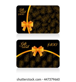 Black gift cards with golden decor feather pattern and bow. Vector illustration for your design