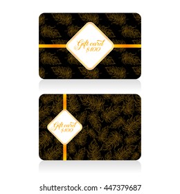 Black gift cards with golden decor feather pattern and bow. Vector illustration for your design