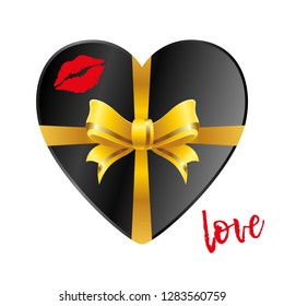 Black gift in the form of heart with gold ribbon on a white background and a trace of a  kiss lips. Inscription Love. Vector illustration