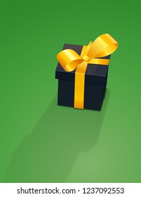 Black gift with  gold bow and ribbon for holiday. Vector isolated dark box for christmas on green background.