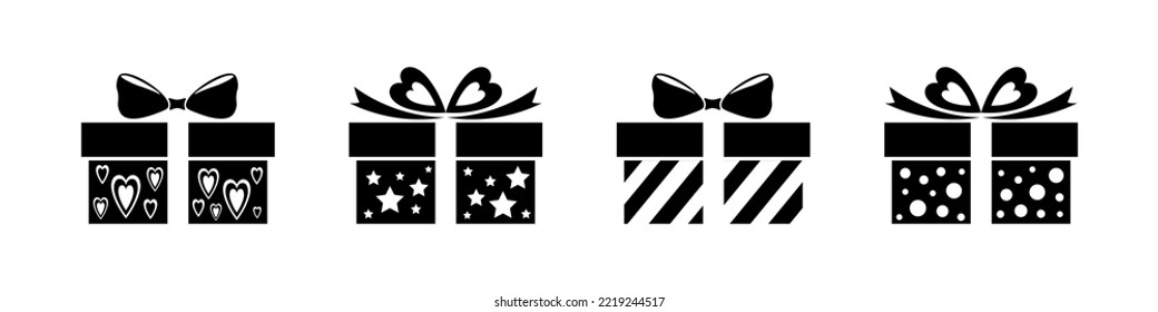 Black gift icon set with heart pattern Holiday gifts isolated on white background. Gift box symbols. Simple gifts abstract icons in black. Vector illustration for graphic design, Web, UI, mobile app.