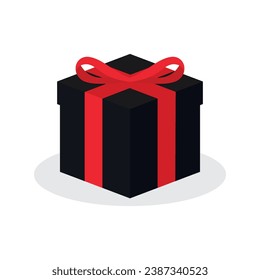 black gift present box with red ribbon wrap and white background vector icon logo illustration