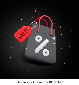 Black gift shopping paper bag with coupon text Sale and percent symbol design. Black Friday discount  label tag, Shopping sale, digital marketing, promotion, ad concept isolated on white background.