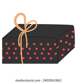 The black gift is tied with a gold ribbon.Gift, present for holiday celebration and special occasions. Isolated birthday or anniversary box with wrapping paper. Sale, trading concept. Colorful wrapped