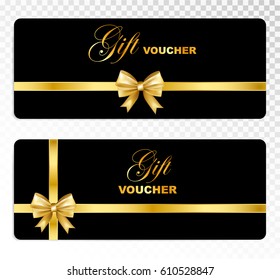 Black gift voucher with gold bow isolated on transparent background. Holiday card template set. Vector illustration.