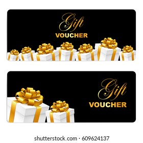 Black gift voucher with present boxes with gold bow. Holiday cards template set. Vector illustration.
