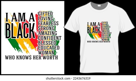I am a black gifted loving fearless strong amazing confident blessed educated woman who knows her worth. Black History Month vector illustration graphic. Green, red, yellow background with text. 