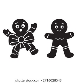 Figuras negras de pan de jengibre, una adornada con un lazo, presentadas sobre un fondo blanco liso.