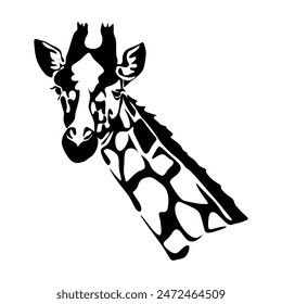 Black giraffe silhouette front view flat style, vector illustration isolated on white background. Savanna funny animal with long neck