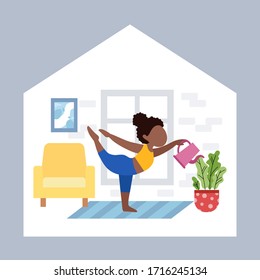 Black girl, African American woman doing yoga at home. Exercises for health, posture, relaxation, meditation. Stay home. Flat interior, furniture. Morning routine workout, vector illustration.