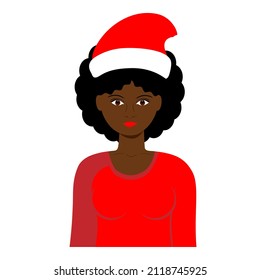 Black girl, African American woman with Christmas Santa hat. Vector illustration