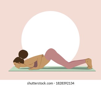 Black girl with afro hair doing yoga in the Eight limbed pose. Healthy lifestyle and wellness concept. Flat vector illustration for Yoga Day. Ashtanga Namaskara pose. Sun salutation, surya namaskar