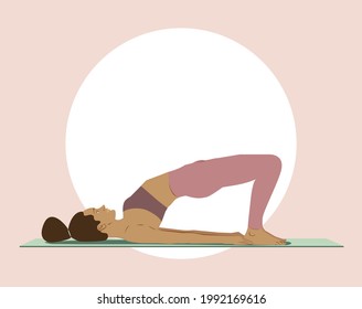 Black girl with afro hair doing yoga in the bridge pose. Healthy lifestyle and wellness concept. Flat vector illustration for international Yoga Day. Female yoga practitioner on mat, bandasana pose