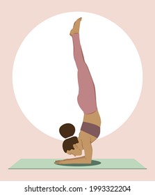 Black girl with afro hair doing yoga in Feathered Peacock pose. Healthy lifestyle and wellness concept. Flat vector illustration for Yoga Day. Pincha mayruasana pose. Yoga female practitioner on mat