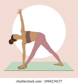 Black girl with afro hair doing yoga in the revolved triangle pose. Healthy lifestyle and wellness concept. Flat vector illustration for Yoga Day. Parivrtta Trikonasana pose. Yoga practitioner on mat.