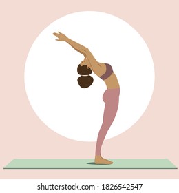 Black girl with afro hair practices yoga in the raised arms pose. Healthy lifestyle and wellness concept. Flat vector illustration for Yoga Day. Hasta Uttanasana pose. Sun salutation, surya namaskara.