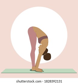 Black girl with afro hair practices yoga in the hand to foot pose. Healthy lifestyle and wellness concept. Flat vector illustration for Yoga Day. Hasta Padasana pose. Sun salutation, surya namaskara.