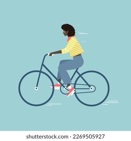 A black girl with an afro hairstyle rides a blue bicycle, a vector illustration in a cartoon style on a blue background
