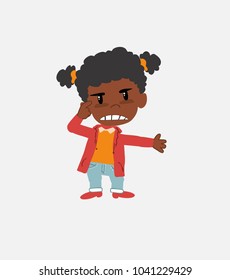 Black girl , is angry and points his head with his index finger.