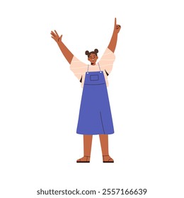 Black girl with arms raised up and pointing finger. Happy child, smiling excited kid with positive emotion and advertising hand gesture. Flat vector illustration isolated on white background