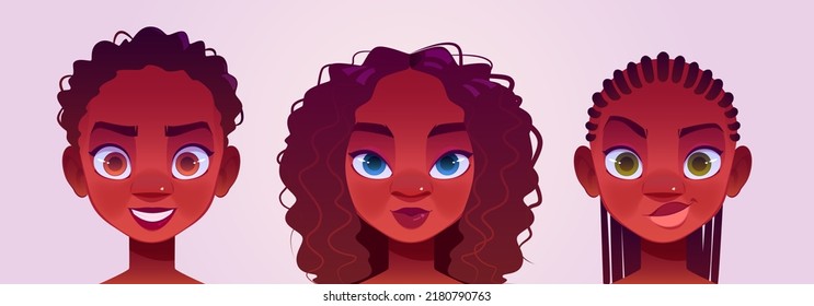 Black girl avatars, young female characters faces. African american women with curly hair, brown, blue or green eyes. portraits for social networks or user web profiles, Cartoon vector illustration