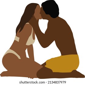 A Black Girl In A Bathing Suit And A Black Guy In Shorts Are Kissing While Sitting On Their Knees