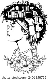 Black girl with books, Girl who love books, African woman flowers svg