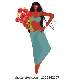 Black girl with bouquet of poppies, in pareo, girl power, mom's day, mother's day, mother's day, romantic, symbol of femininity. Vector hand drawn illustration.