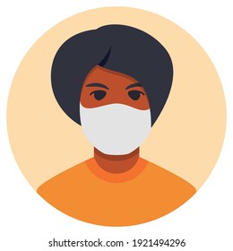 Black girl brunette in face mask to prevent disease, flu.African american woman avatar icon. Protection wear from coronavirus.Vector flat.