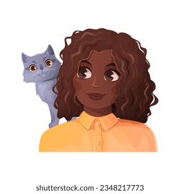 Black girl   cat her shoulder  cartoon vector illustration 