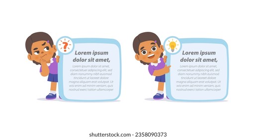 black girl character cartoon design with question and idea text box frame for message illustration vector. Education concept.