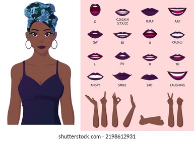 Black Girl Character Mouth Animation, Lip Sync, Cartoon Afro American Girl Wearing Head Wrap Illustration