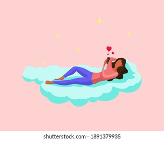 A black girl is chatting on a cloud with her lover. Vector illustration.