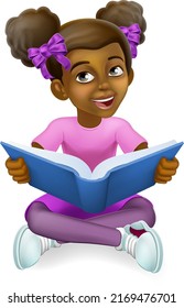 A black girl child kid cartoon character reading a book