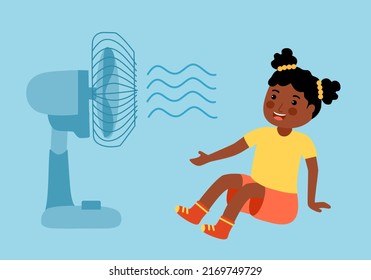 Black Girl Child Sitting With Electric Fan Blowing In Hot Summer Day In Flat Design.