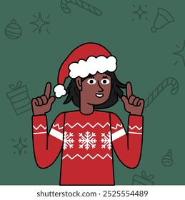 black girl in a Christmas sweater pointing his hands up