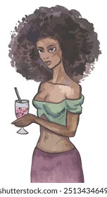 Menina negra com um coquetel afro penteado aquarela ilustração em estilo retro com desenho de textura de papel de uma pessoa garçonete feminina, visitante de um café, restaurante, catering, clube