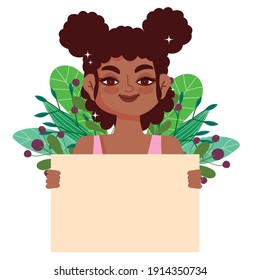 black girl curly hair, afro female cartoon with blank banner vector illustration