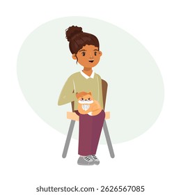 Black girl with curly hair holding orange cat, sitting on chair, pet care, animal love, cartoon vector style
