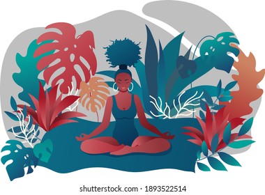 black girl does yoga on a mat among plants. African-American girl meditates in a swimsuit. Flat style illustration in harmonious colors