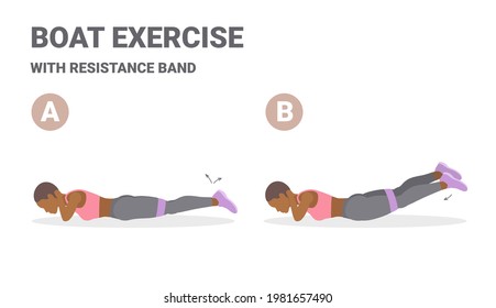 Black Girl Doing Back Strength Fitness Home Workout Routine Colorful Guide Illustration. African American Female Workout Back Boat with Resistance Band Exercise Guidance.