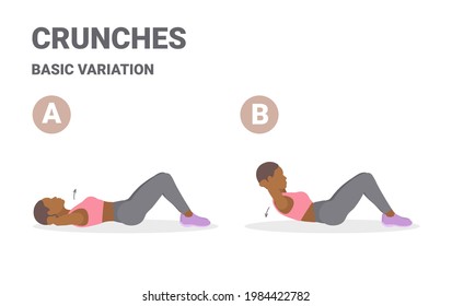 Black Girl Doing Crunch Home Workout Exercise Guide. Colorful Concept of African American Girl Working at Home on Her Abs a Young Woman in Sportswear and Sneakers Doing Crunches in Two Stages.