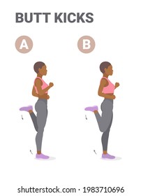 Black Girl Doing But Kickcs Home Workout Exercise Guidance. Young Athletic African American Female Doing Kick Butt or Bum Kicks Exercising Indoor Workout Concept.