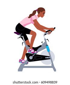 Black girl doing stationary exercise bike workout. Vector illustration.
