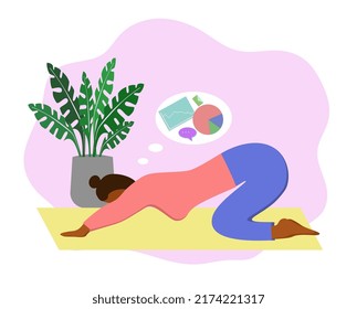 Black girl doing yoga. Ardha Kurmasana Pose (Half Turtle Pose). The girl relaxes and thinks about work, in the image of thought graphics, statistics, the image of the letter.
